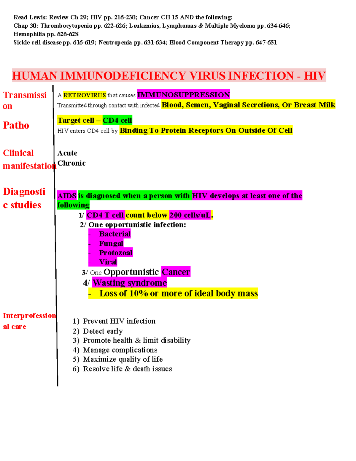 HEME Cheat Sheet - NOTE - Read Lewis: Review Ch 29; HIV pp. 216-230 ...