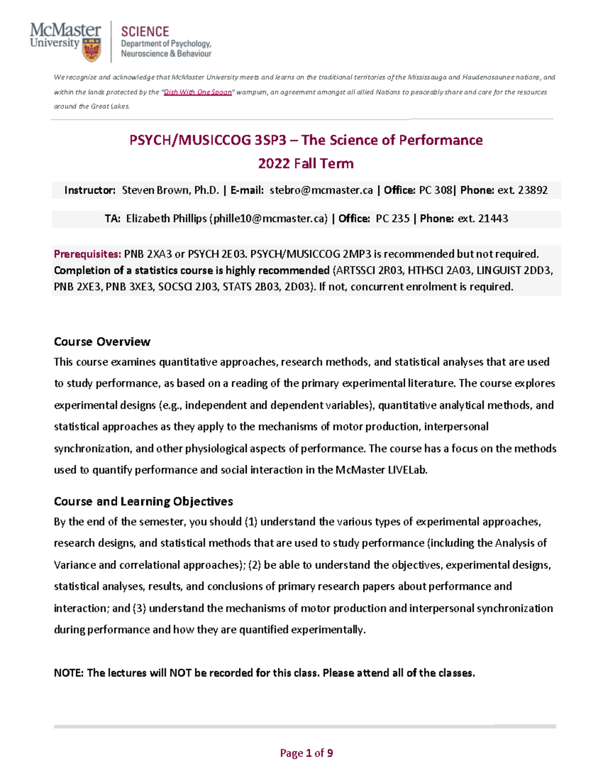 PSYCH 3SP3 2022 SCIENCE OF PERFORMANCE COURSE OUTLINE We recognize