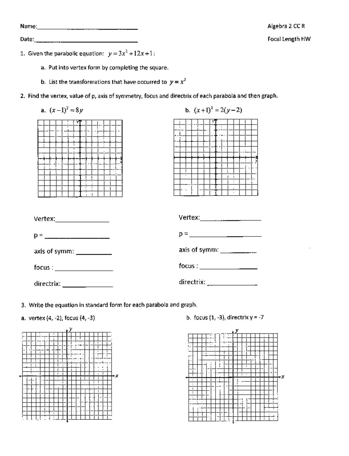 HW Worksheet Writing Equations of Parabolas using Focus and Directrix ...