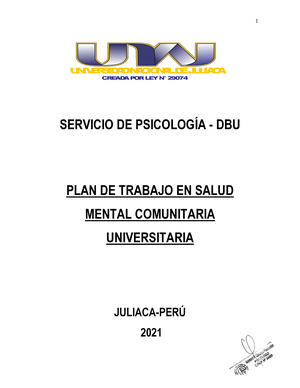 UNAJ-PLAN DE Trabajo EN Salud Mental Comunitario Universitario - CREADA POR  LEY N° 29074 UNIVERSIDAD - Studocu