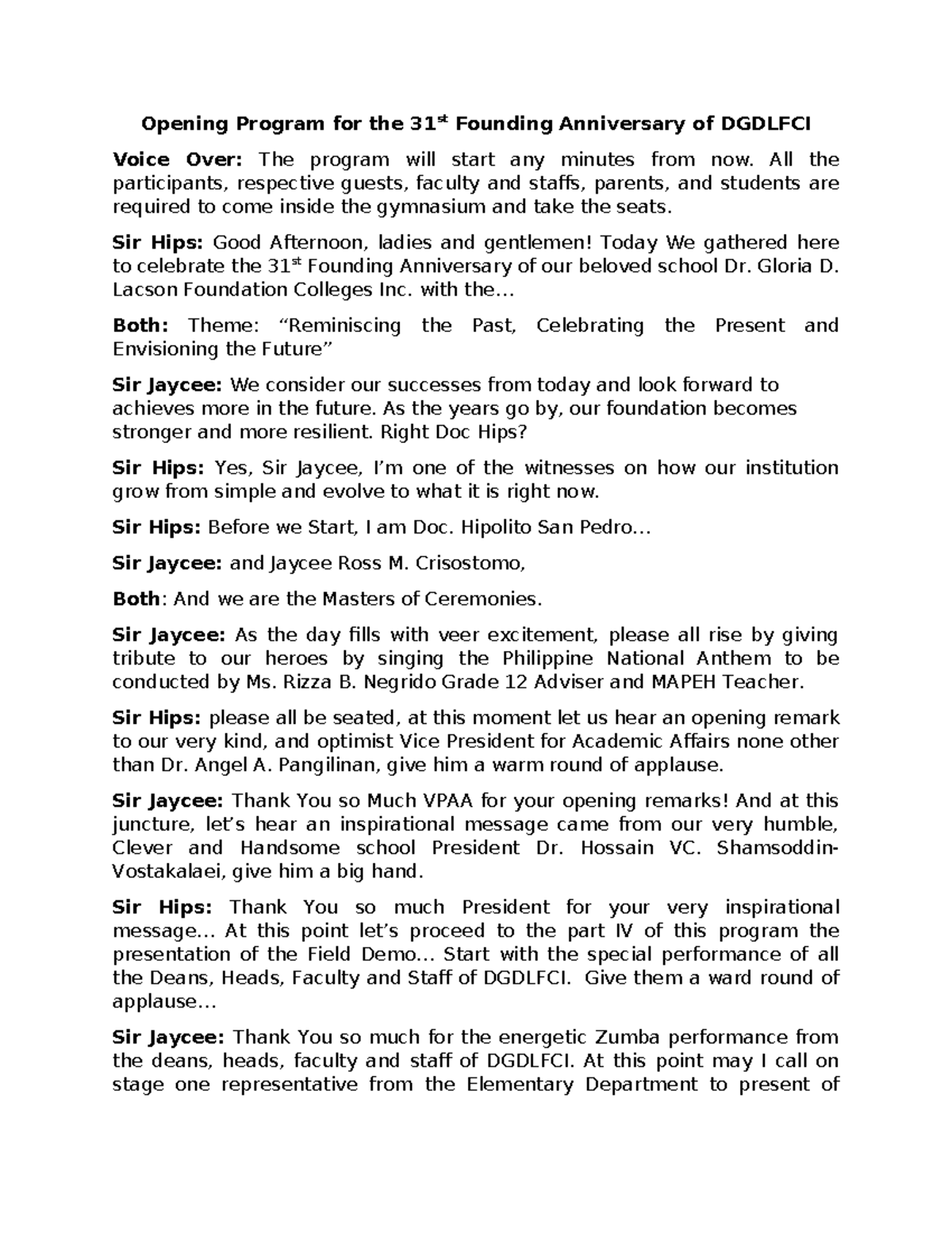 Script-emcee - Opening Program for the 31st Founding Anniversary of ...