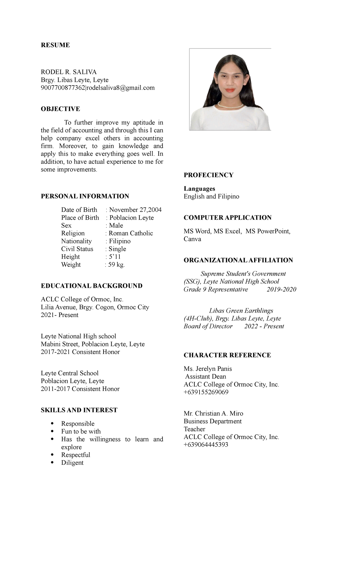 Rodel 617office - Resume - Resume Rodel R. Saliva Brgy. Libas Leyte 