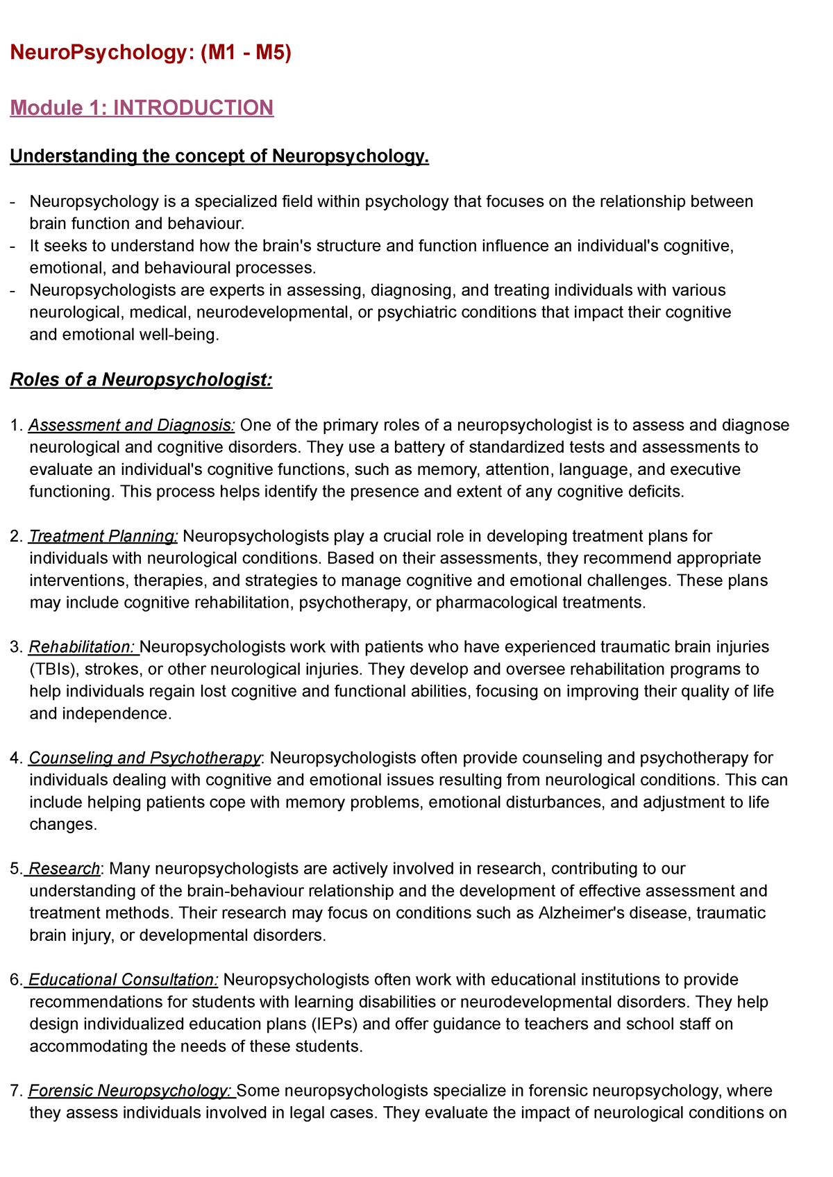 Neuro Psych Module 1-5 - NeuroPsychology: (M1 - M5) Module 1 ...