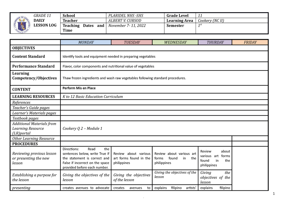 DLL Cookery Quarter 2 Week 1 - 7 - GRADE 11 DAILY LESSON LOG School ...