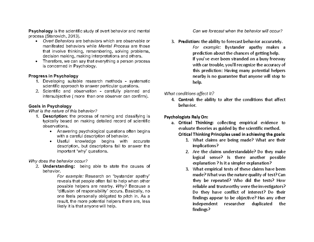 Nature of Psychology - Psychology is the scientific study of overt ...
