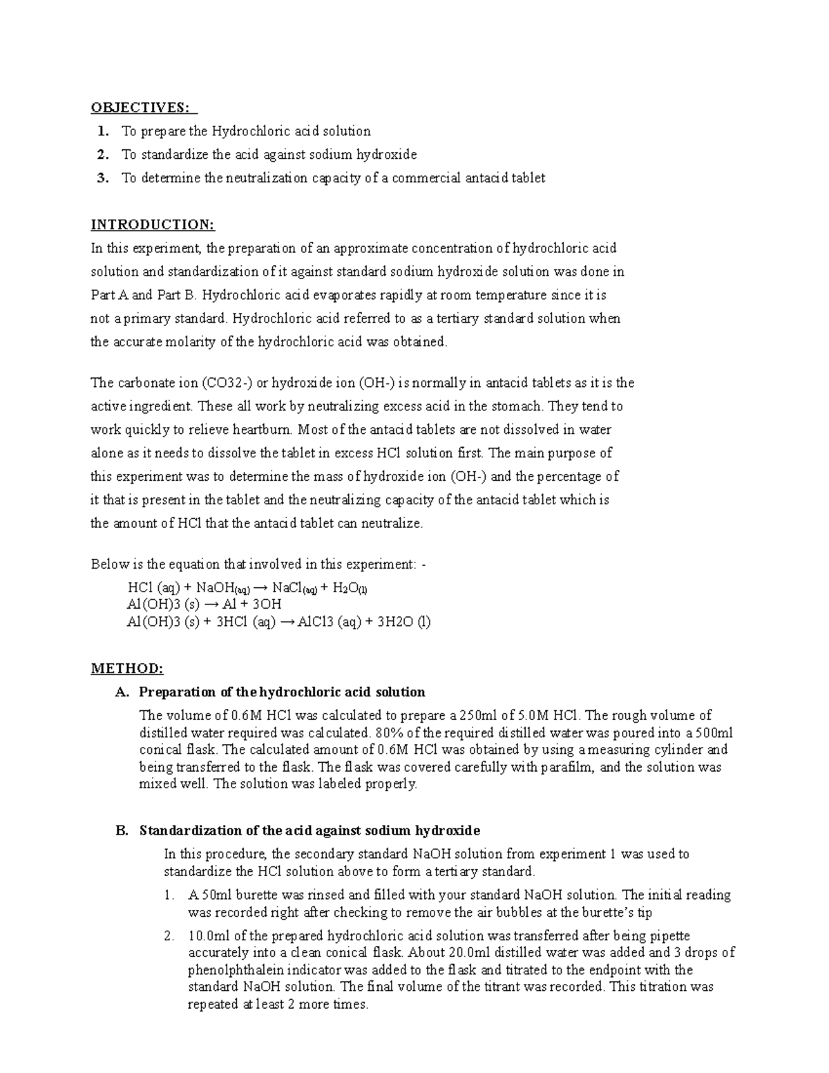 CHM421 - Experiment 3: Neutralization Capacity of Commercial Antacid ...