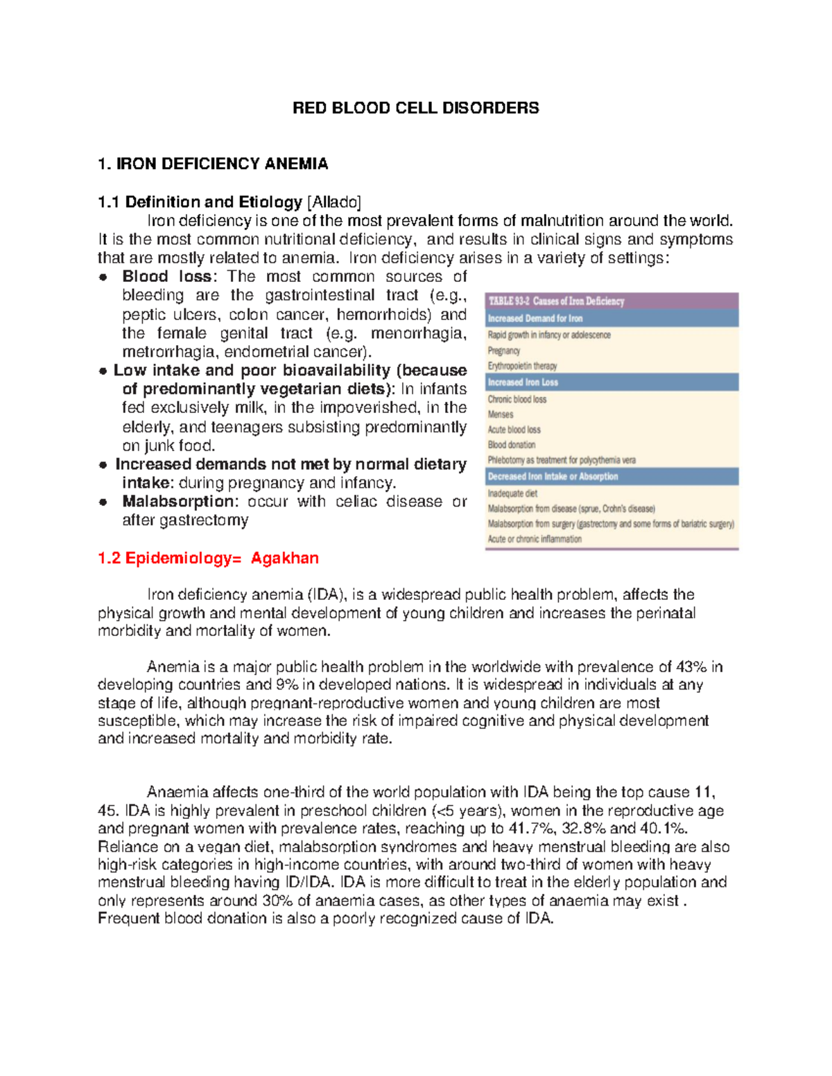 RED Blood CELL Disorders Notes - RED BLOOD CELL DISORDERS 1. IRON ...