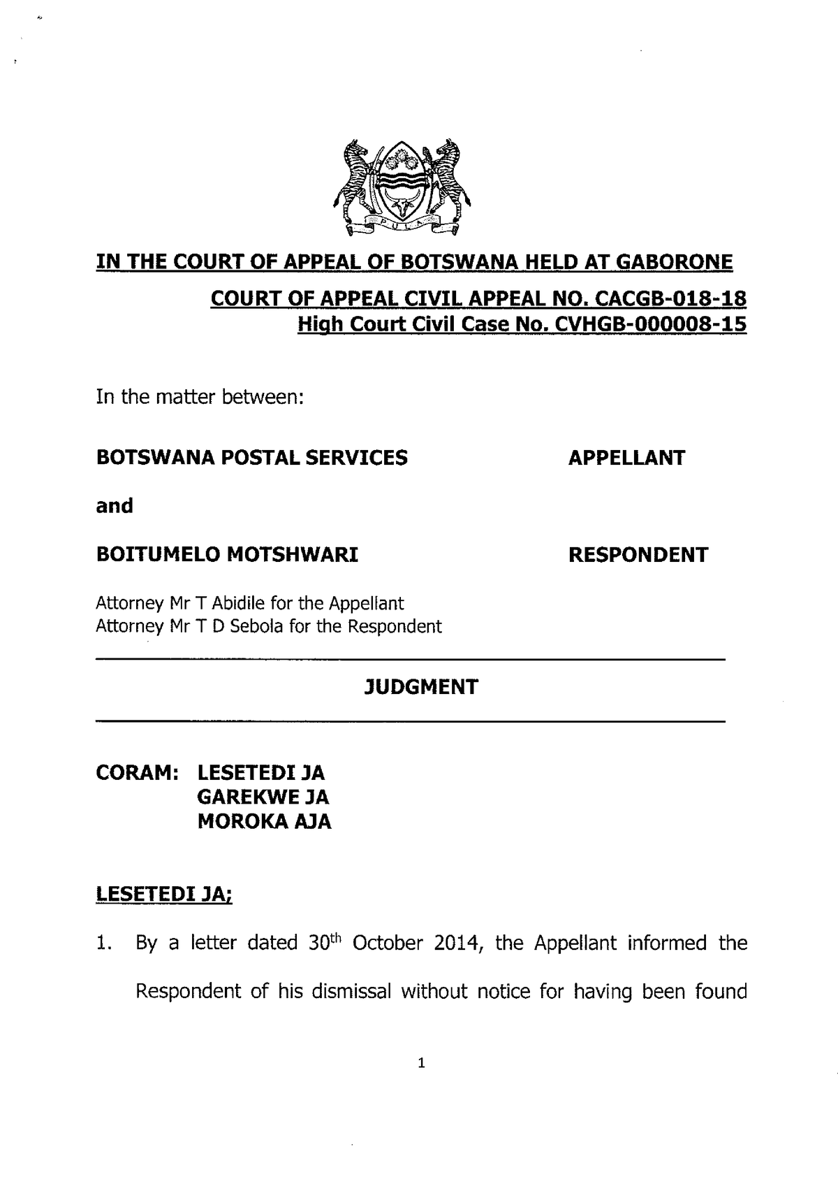 Botswana Postal Service Vs Boitumelo Motshwari Cacgb-018-18 - Human ...