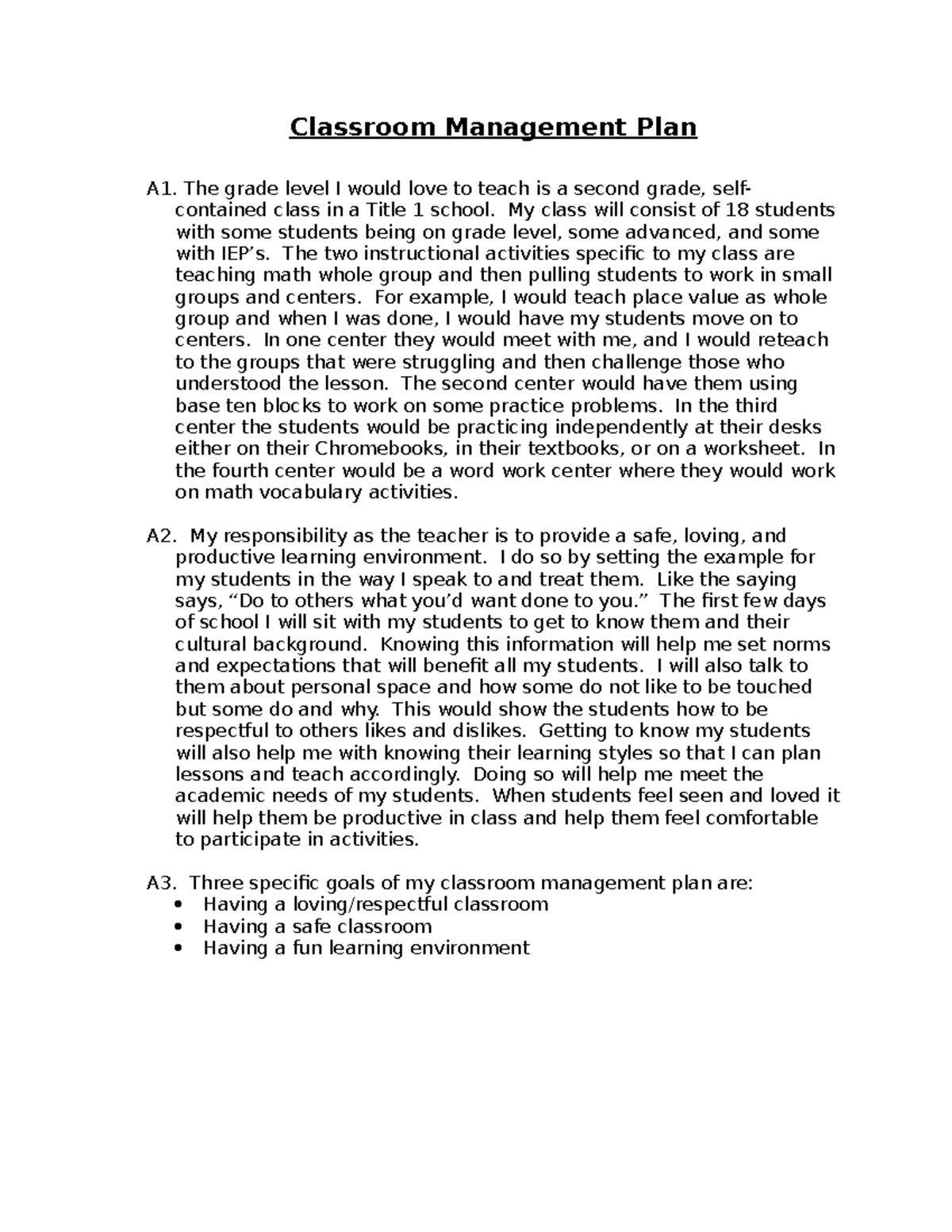 Task 1 - Task passed on first attempt - Classroom Management Plan A1 ...