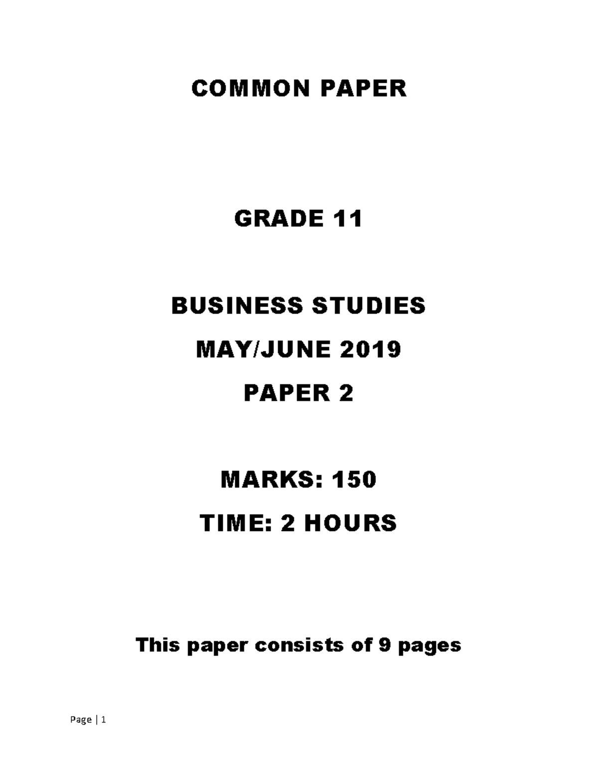 BSTD Grade 11 June exam Eng Paper 2 COMMON PAPER GRADE 11 BUSINESS