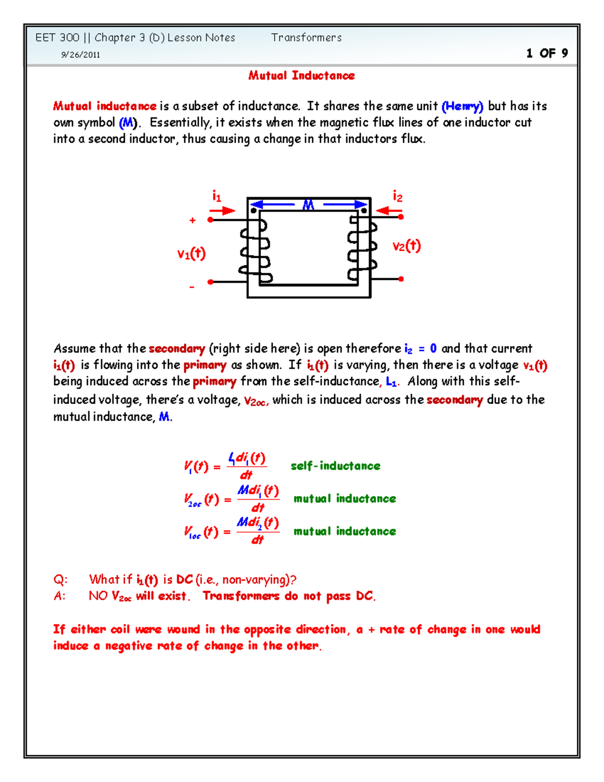 Transformers - Lecture notes 3 - EET 300 Chapter 3 (D) Lesson Notes ...