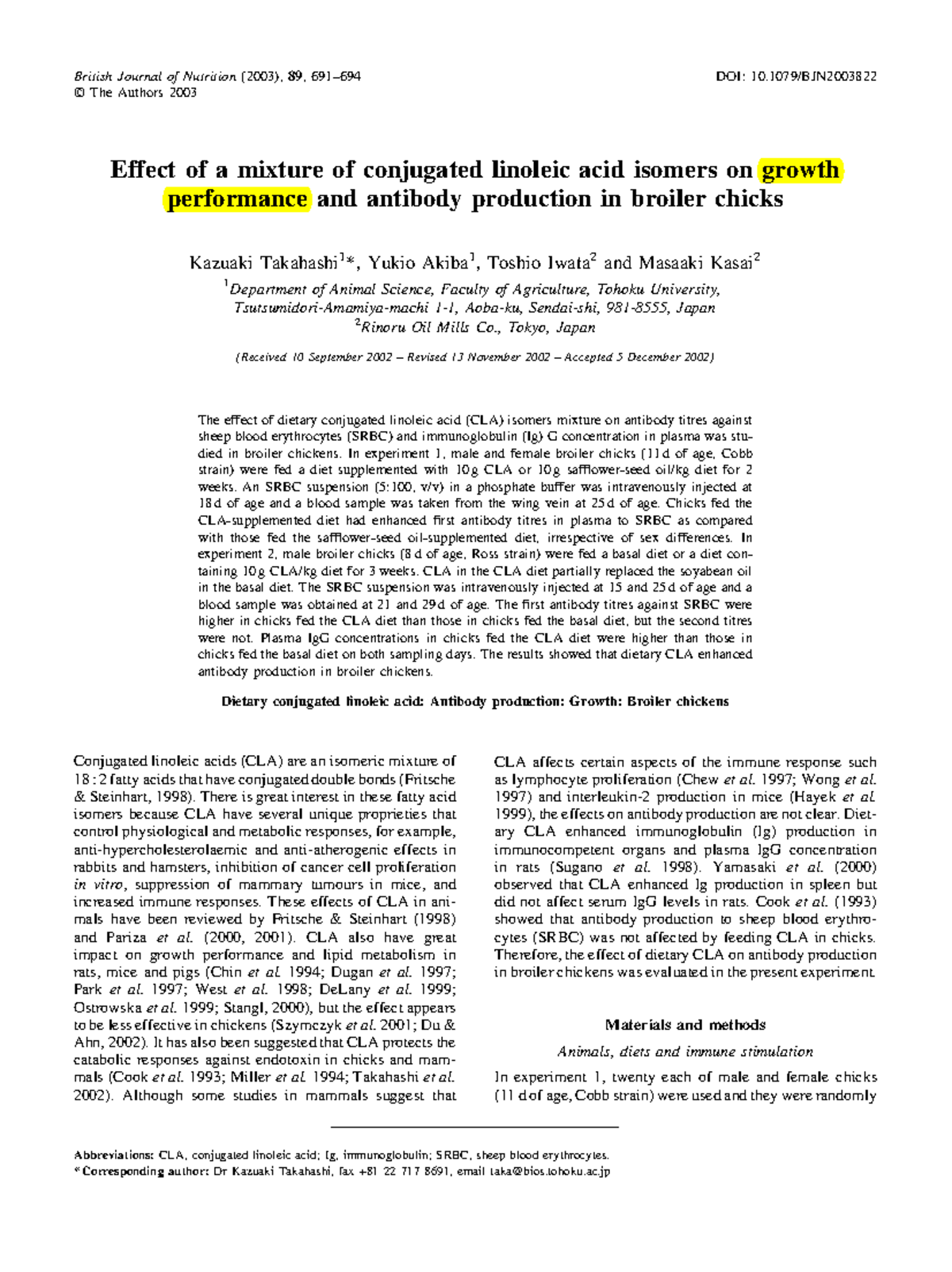 Effect of a mixture of conjugated linoleic acid isomers , Tokyo, Japan (Received 10 September
