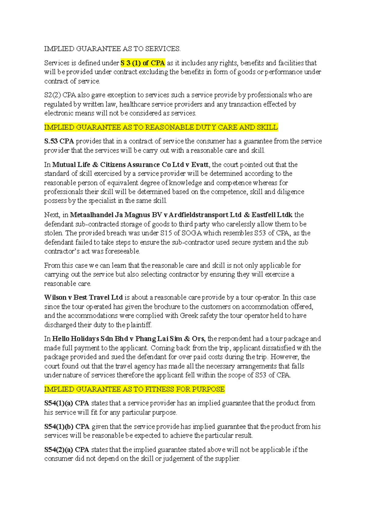 Implied Guarantee as to Services Consumer Law MMU Studocu