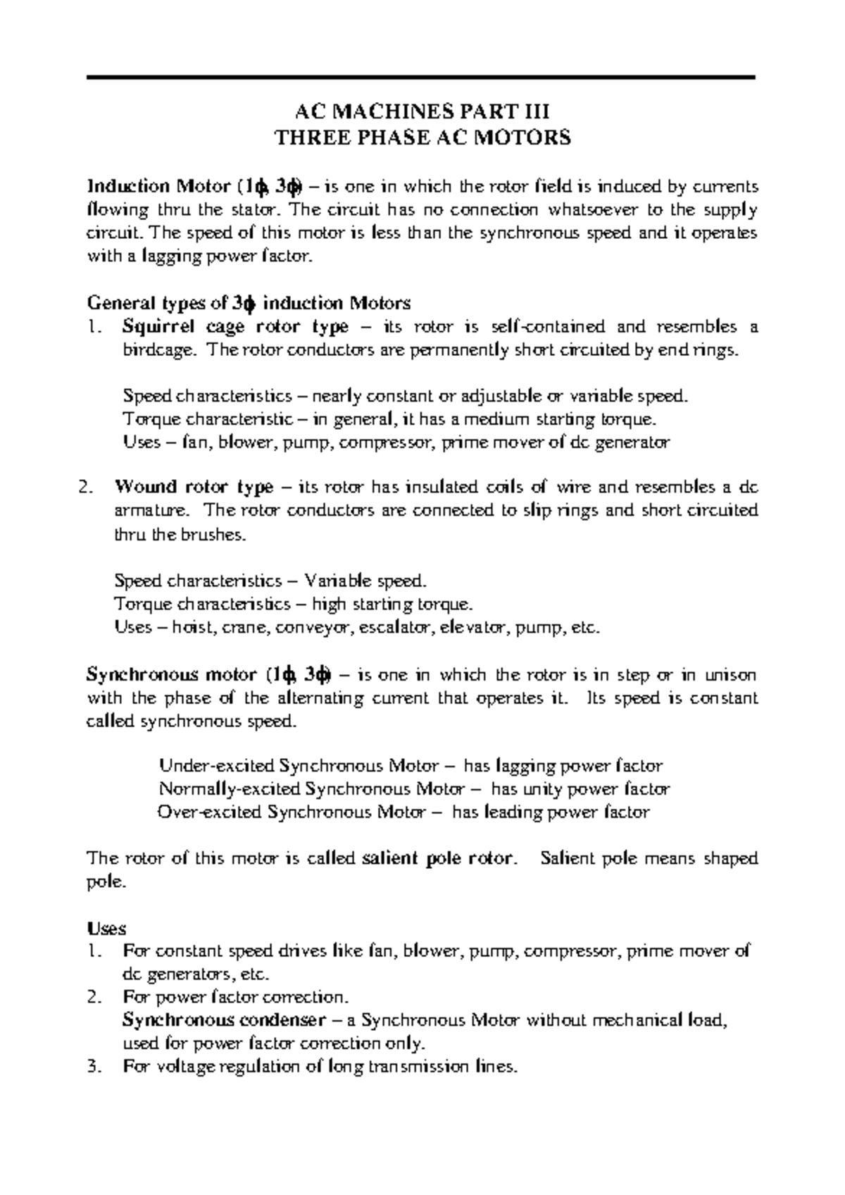 ThreePhase AC Motors Review AC MACHINES PART III THREE PHASE AC MOTORS Induction Motor (1