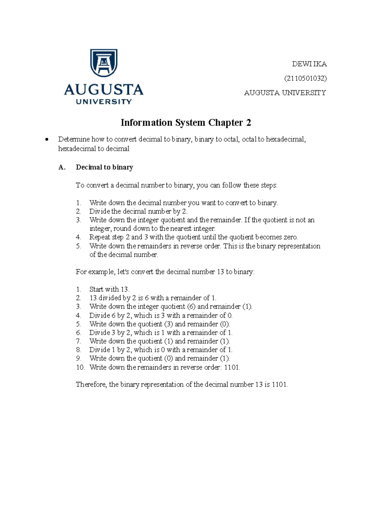 Information System Chapter 2 Converting Dewi Ika 2110501032 Augusta University Information System Chapter 2 Converting Dewi Ika 2110501032 Augusta University