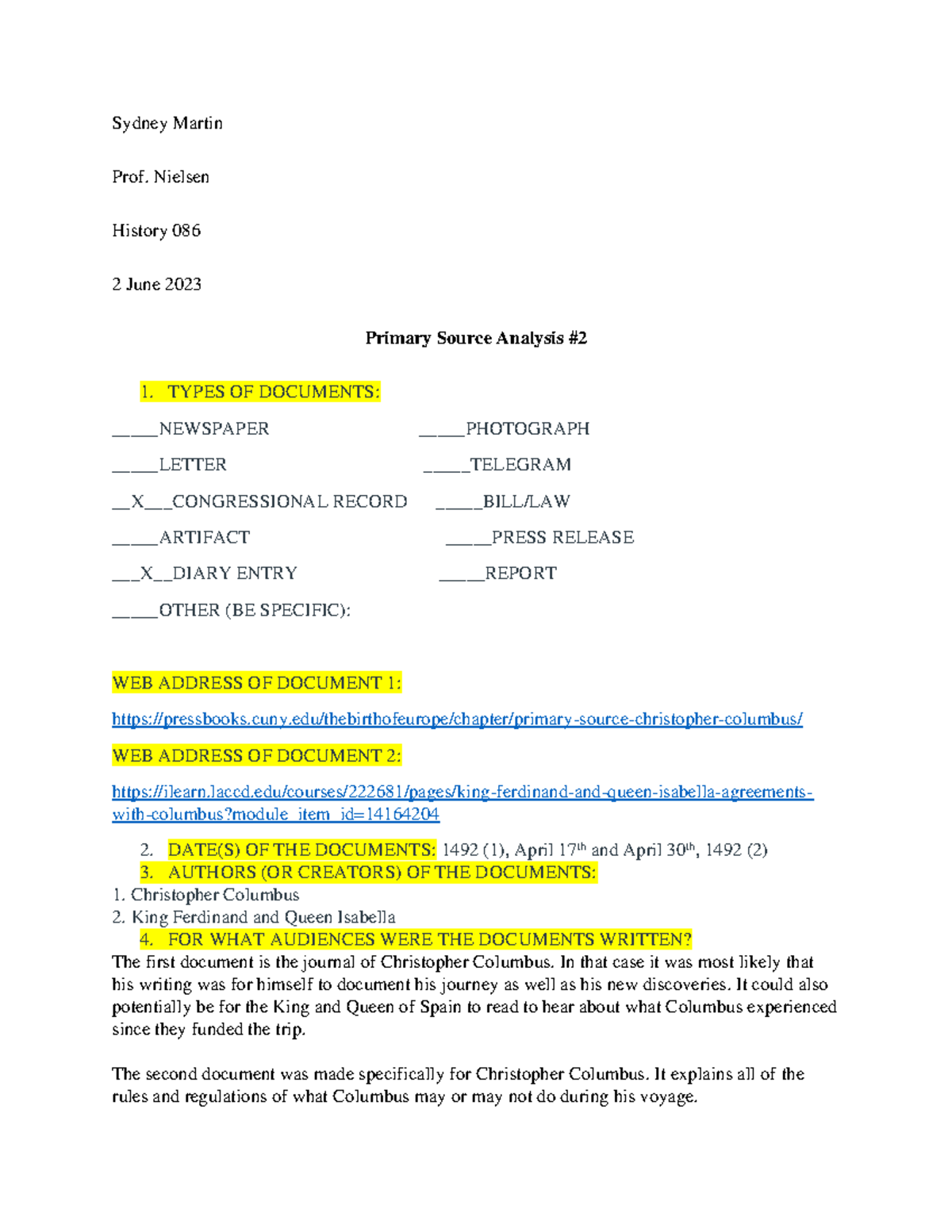 Primary Source Analysis #2 - Sydney Martin Prof. Nielsen History 086 2 ...
