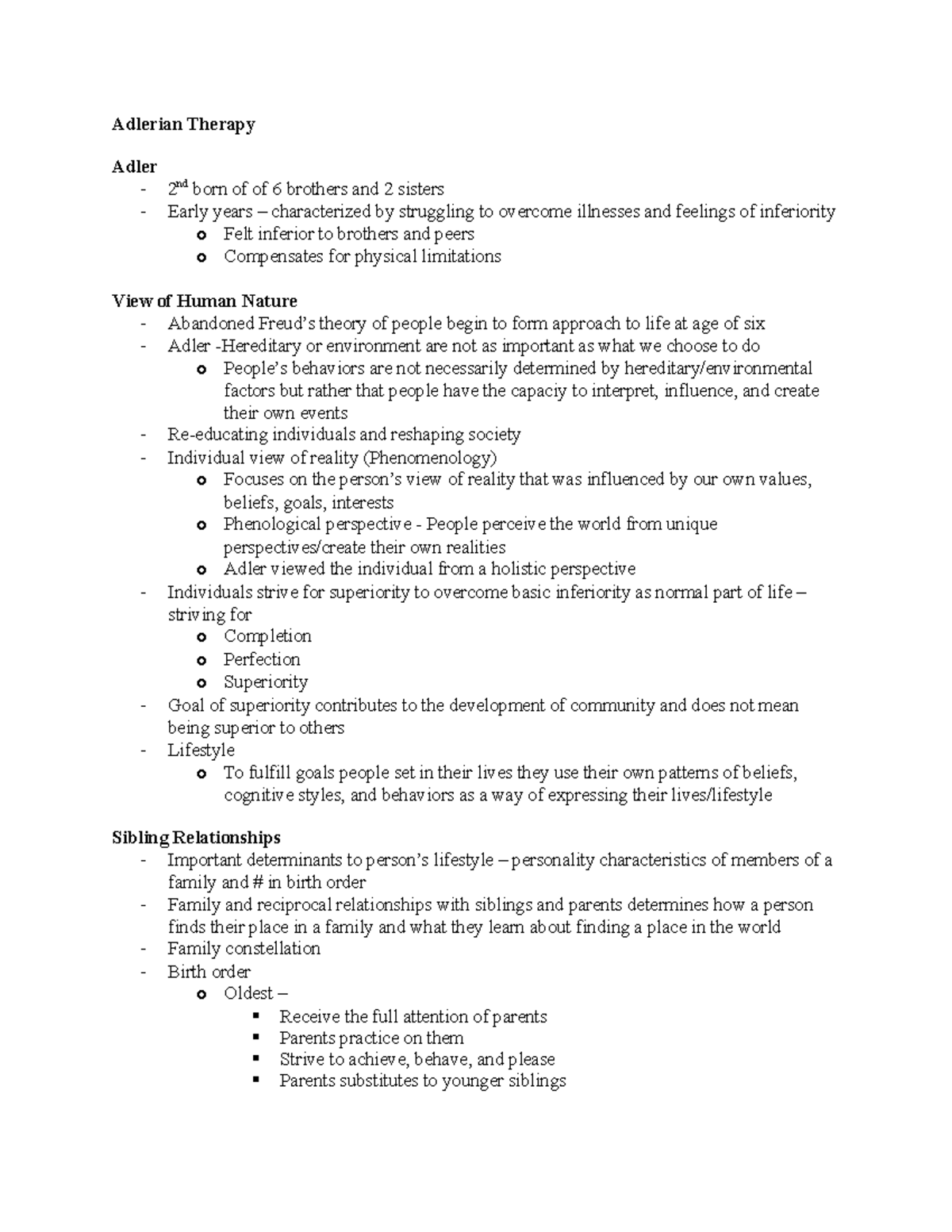 Week 11 Outline - Alfred Adler And Adlerian Therapy - Adlerian Therapy ...