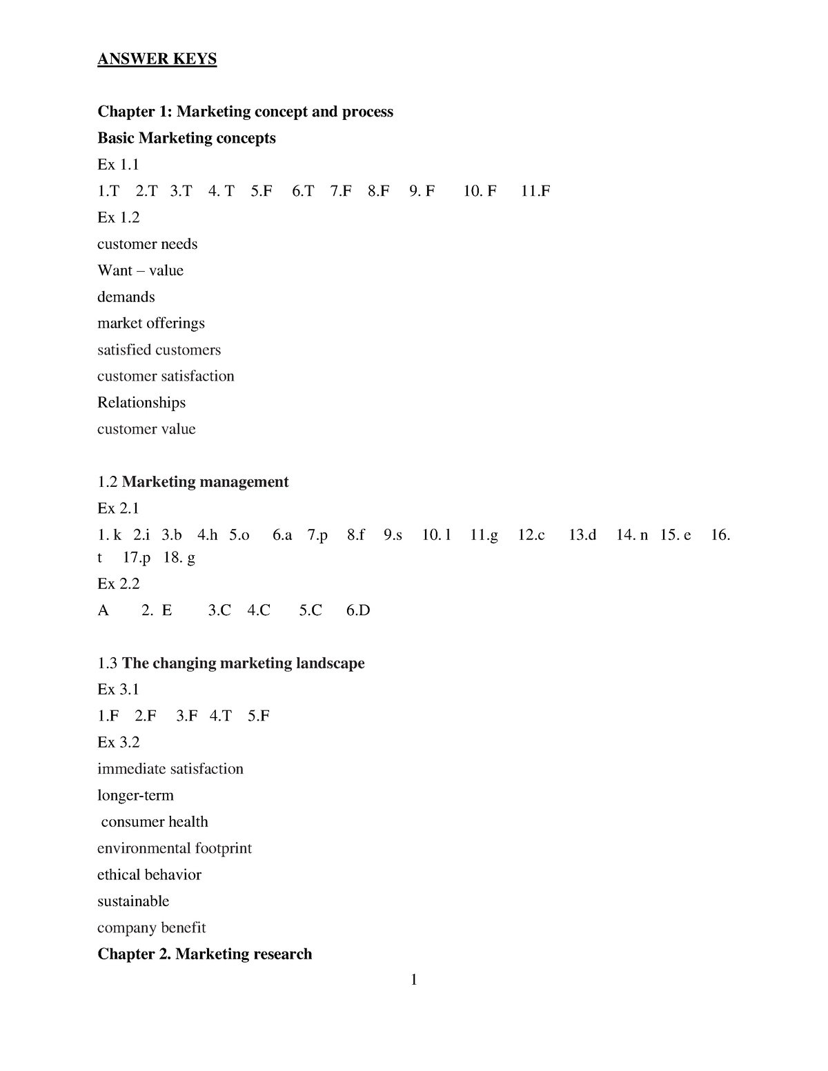 Answer Keys - Chapter 1: Marketing Concept And Process Basic Marketing ...