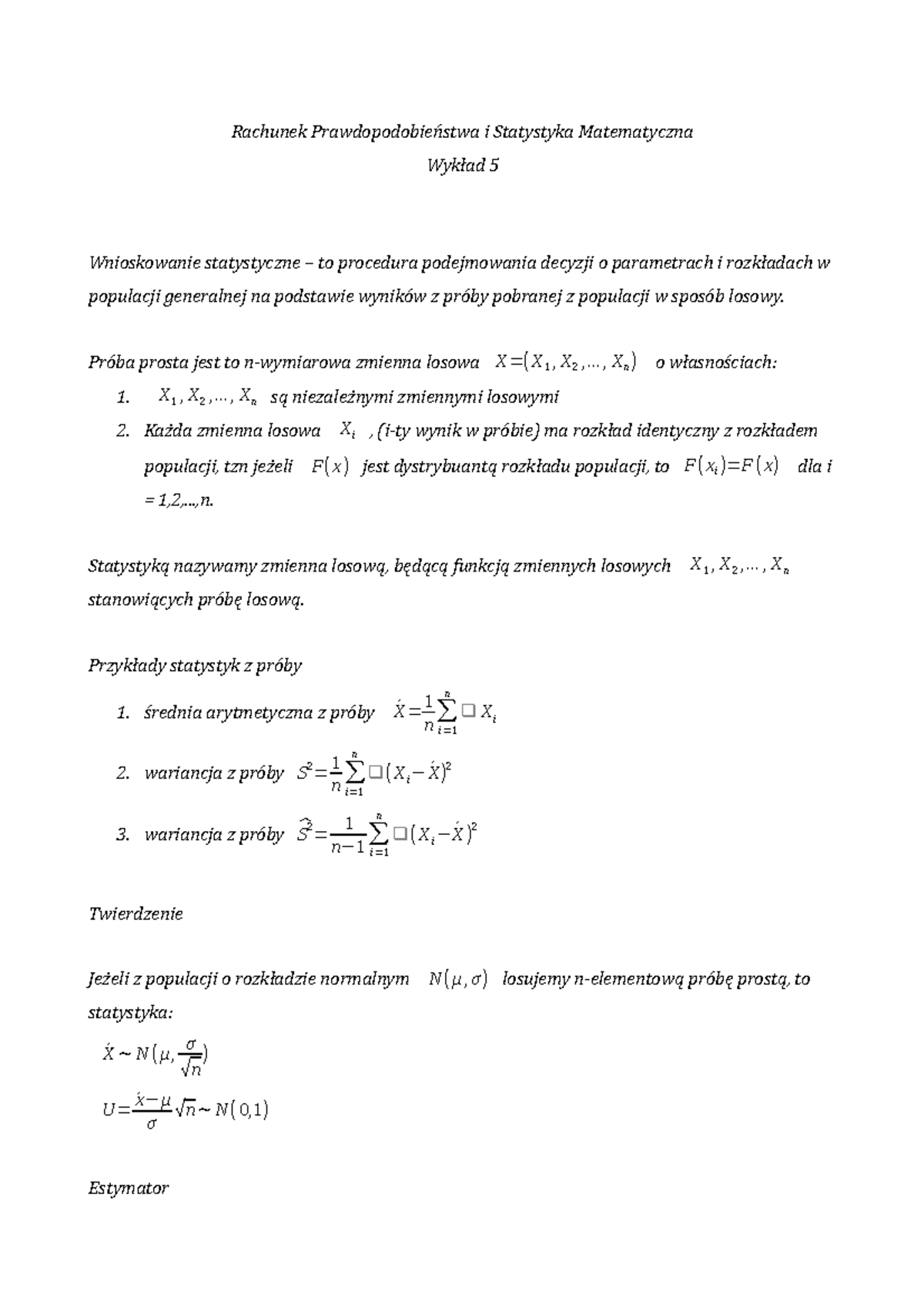 Rachunek prawdopodobienstwa i statystyka matematyczna wyklad 5