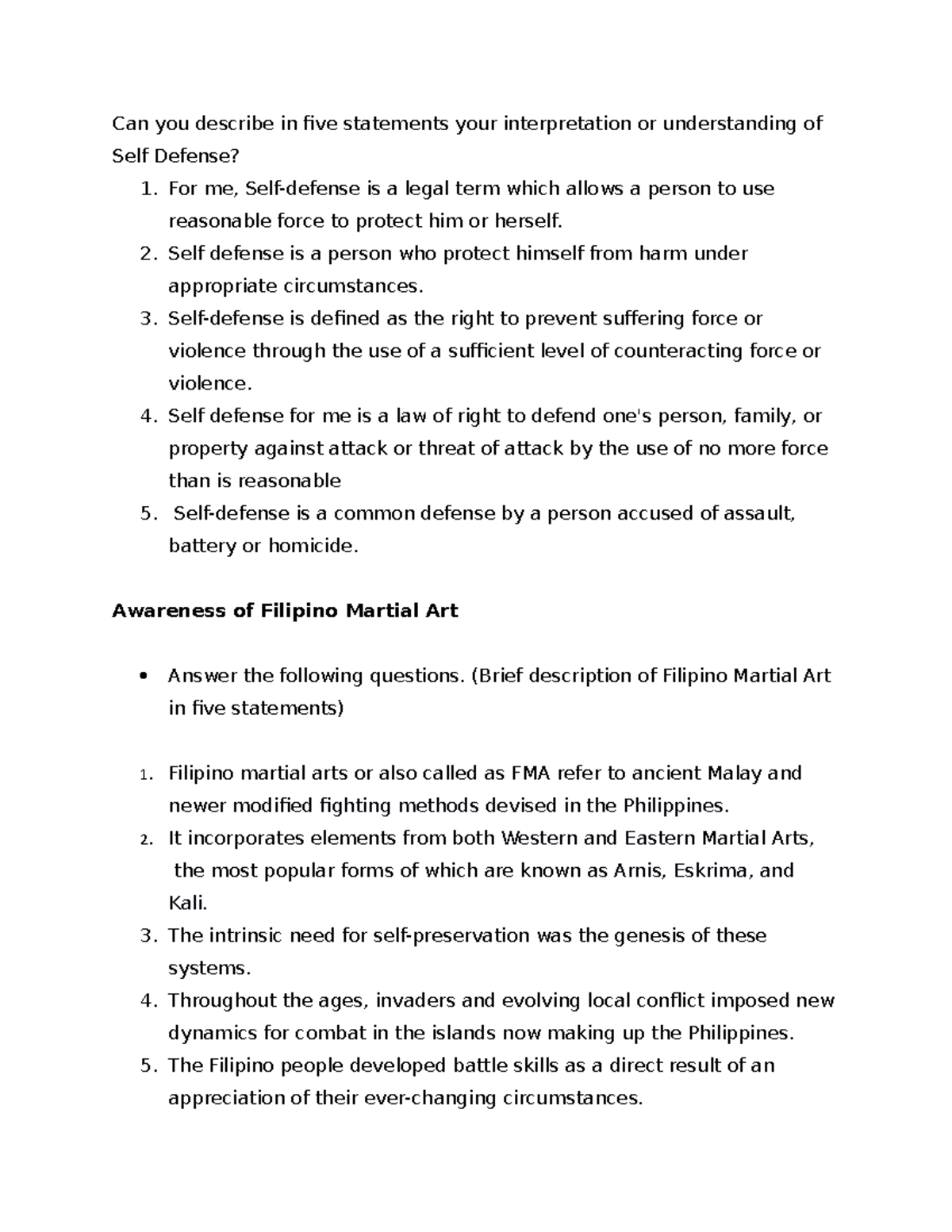 5 what is self Defense - Can you describe in five statements your ...