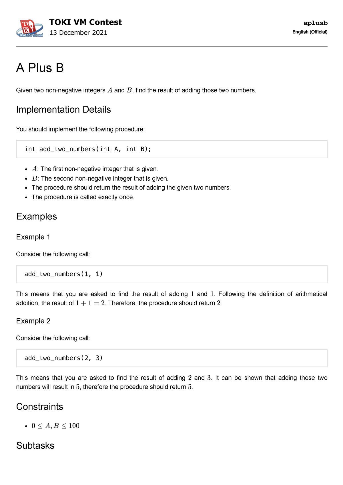 Aplusb-repeat (en) - Dnmsab Efw Dy - TOKI VM Contest 13 December 2021 Aplusb English (Official ...