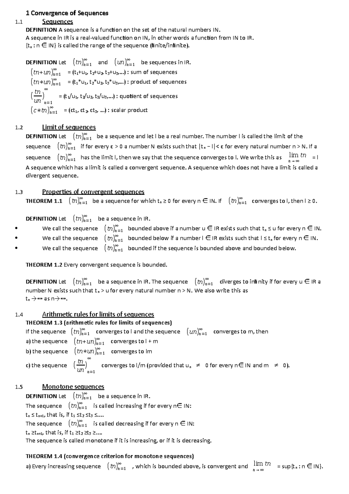 Analysis 1 Samenvatting Convergence Of Sequences Sequences Definition Sequence Is Function On The Set Of The Natural Numbers In Sequence In Ir Is Real Valued Studeersnel