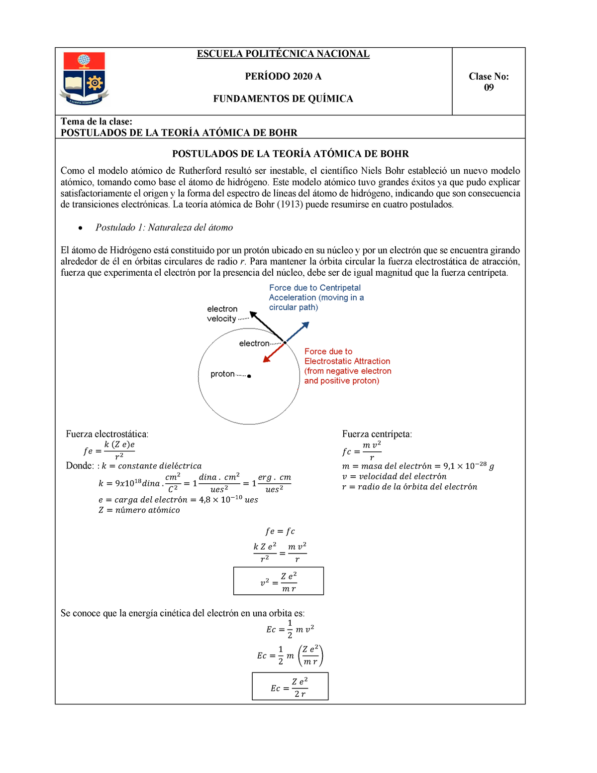 Clase 9 Teoría Bohr - PREPO - ESCUELA POLITÉCNICA NACIONAL PERÍODO 2020 ...