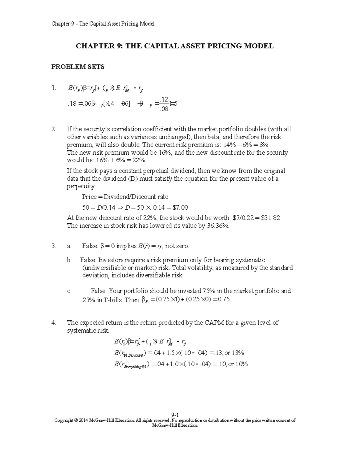 SMChap 009 - CHAPTER 9: THE CAPITAL ASSET PRICING MODEL PROBLEM SETS 1 ...