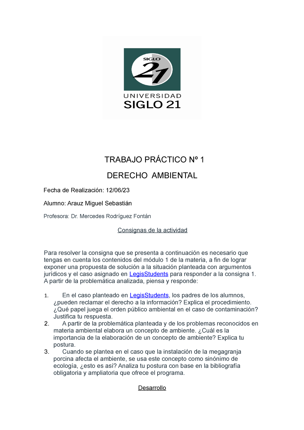 Derecho Ambiental Tp Tp Trabajo Pr Ctico N Derecho Ambiental Fecha De Realizaci N