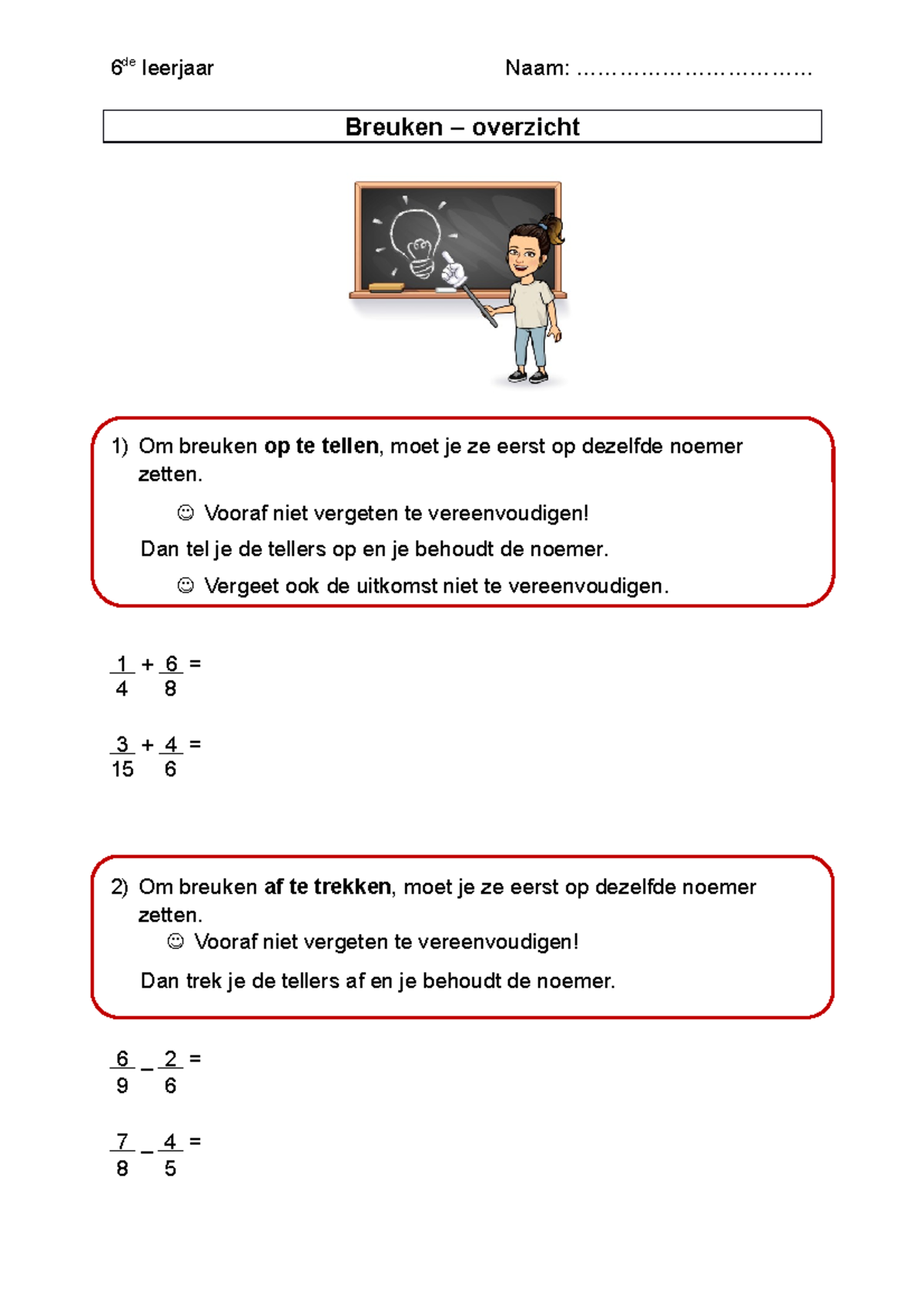 Rekenen Met Breuken - Syntheseblad - 6 De Leerjaar Naam