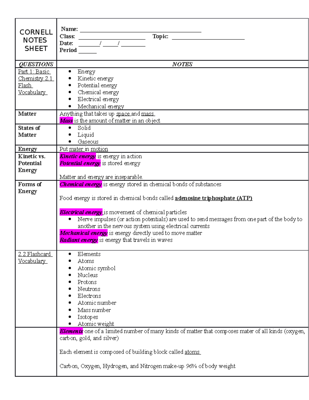 Chapter 2 Chemistry Comes Alive Worksheet Answers