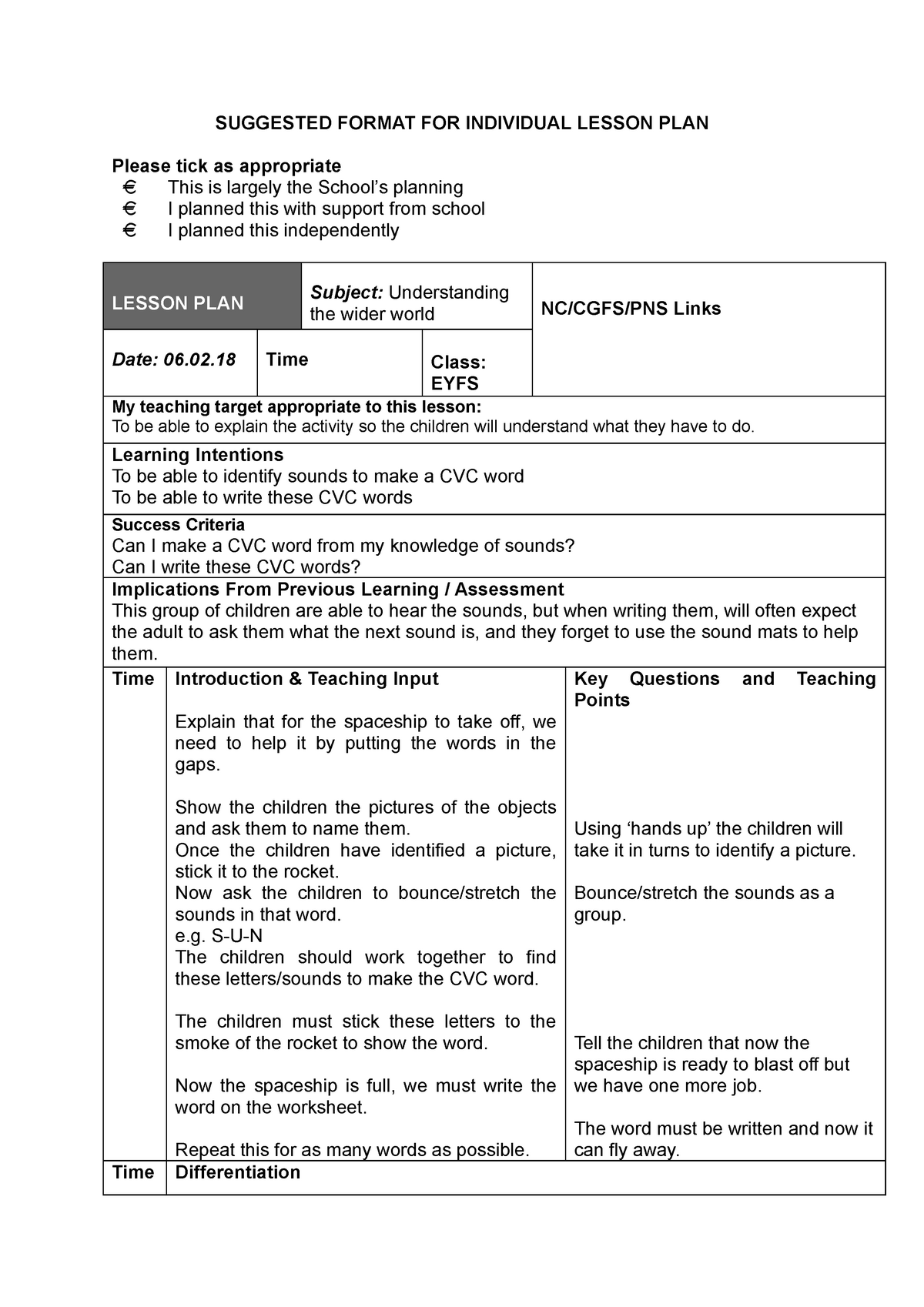 Space Cvc Words Lesson Plan SUGGESTED FORMAT FOR INDIVIDUAL LESSON PLAN Please Tick As StuDocu