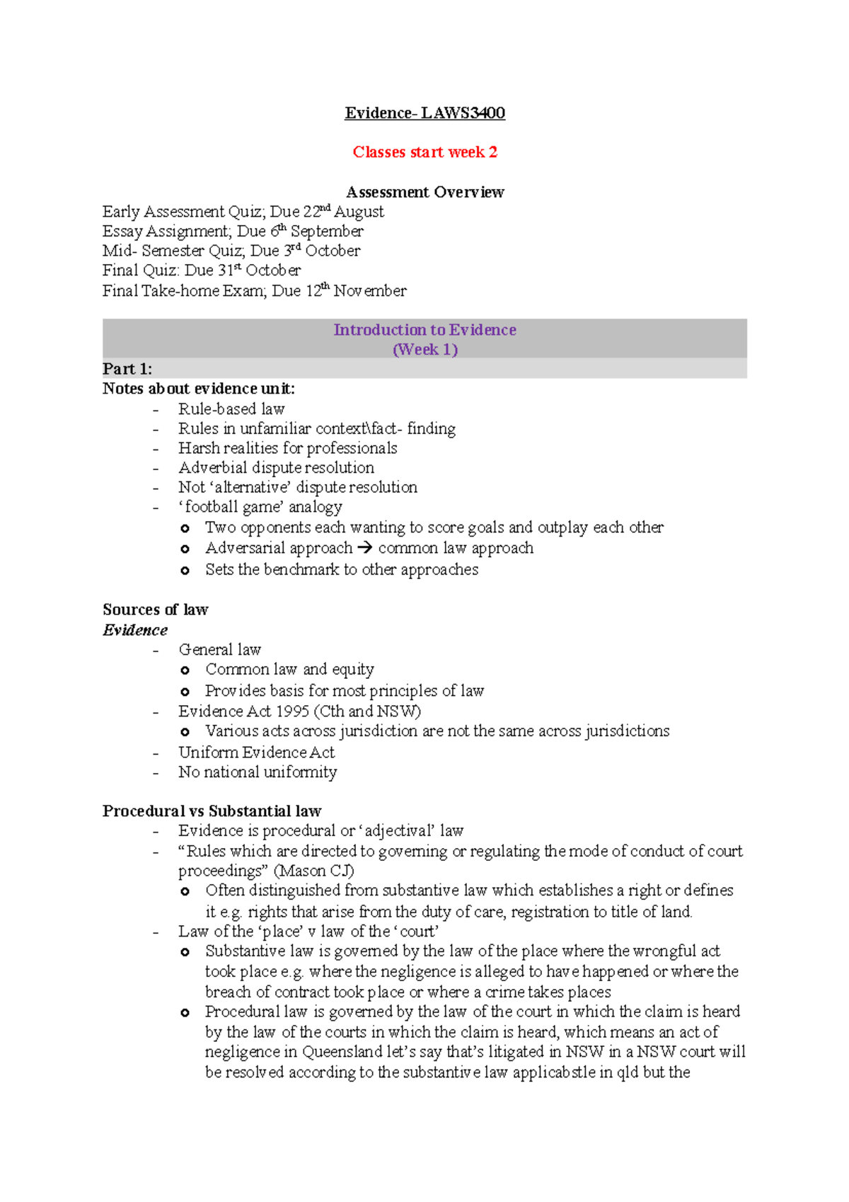 Evidence Notes - Evidence- LAWS Classes Start Week 2 Assessment ...