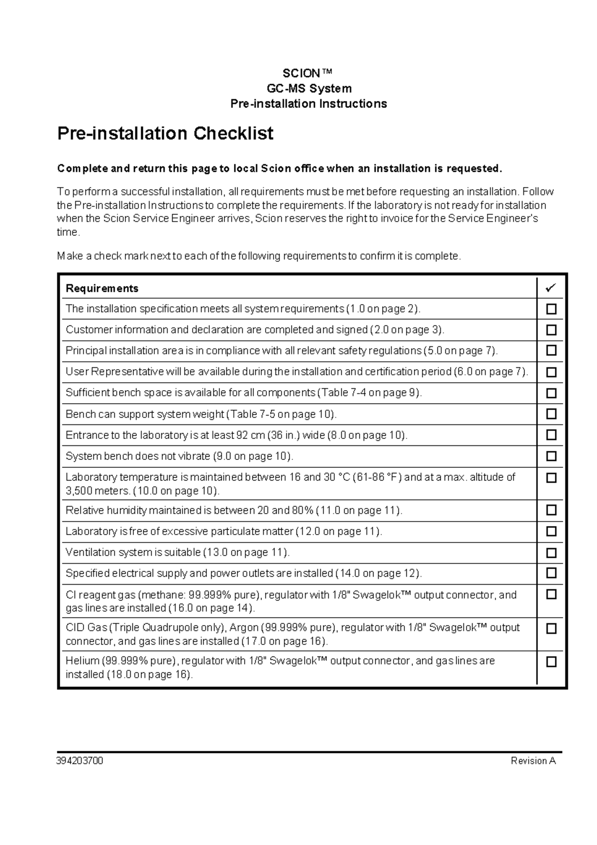 Scion Preinstallation Instructions - 394203700 Revision A SCION™ GC-MS ...