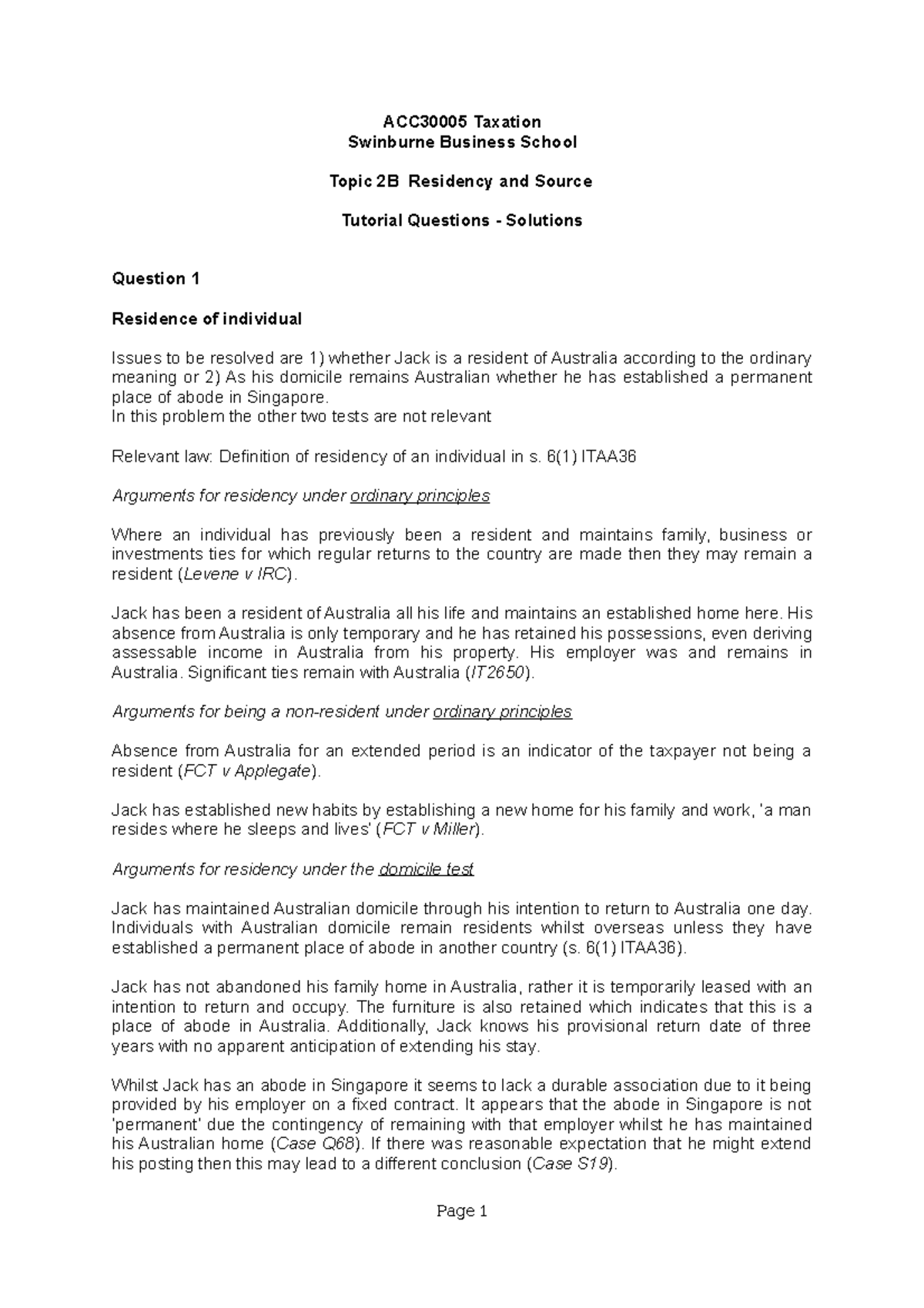 Topic 2B Residency and souce solutions 2022 - ACC30005 Taxation ...