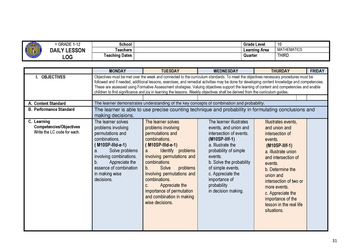 DLL WEEK3 LC39-40 - Lesson Log For Grade 1o Mathematics Quarter 3. It ...