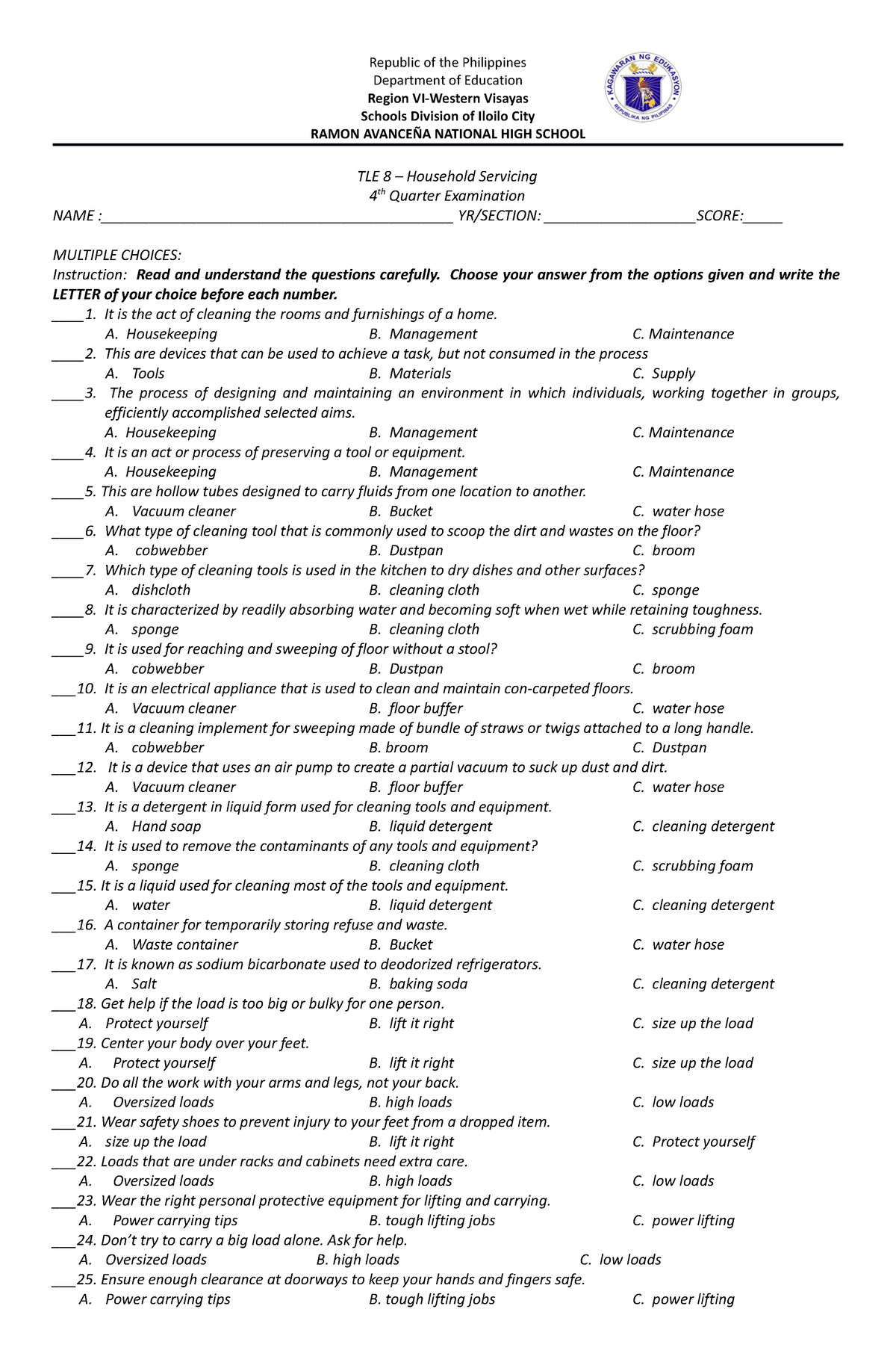 Tle-8-exam-2022 - Examination - Republic Of The Philippines Department 