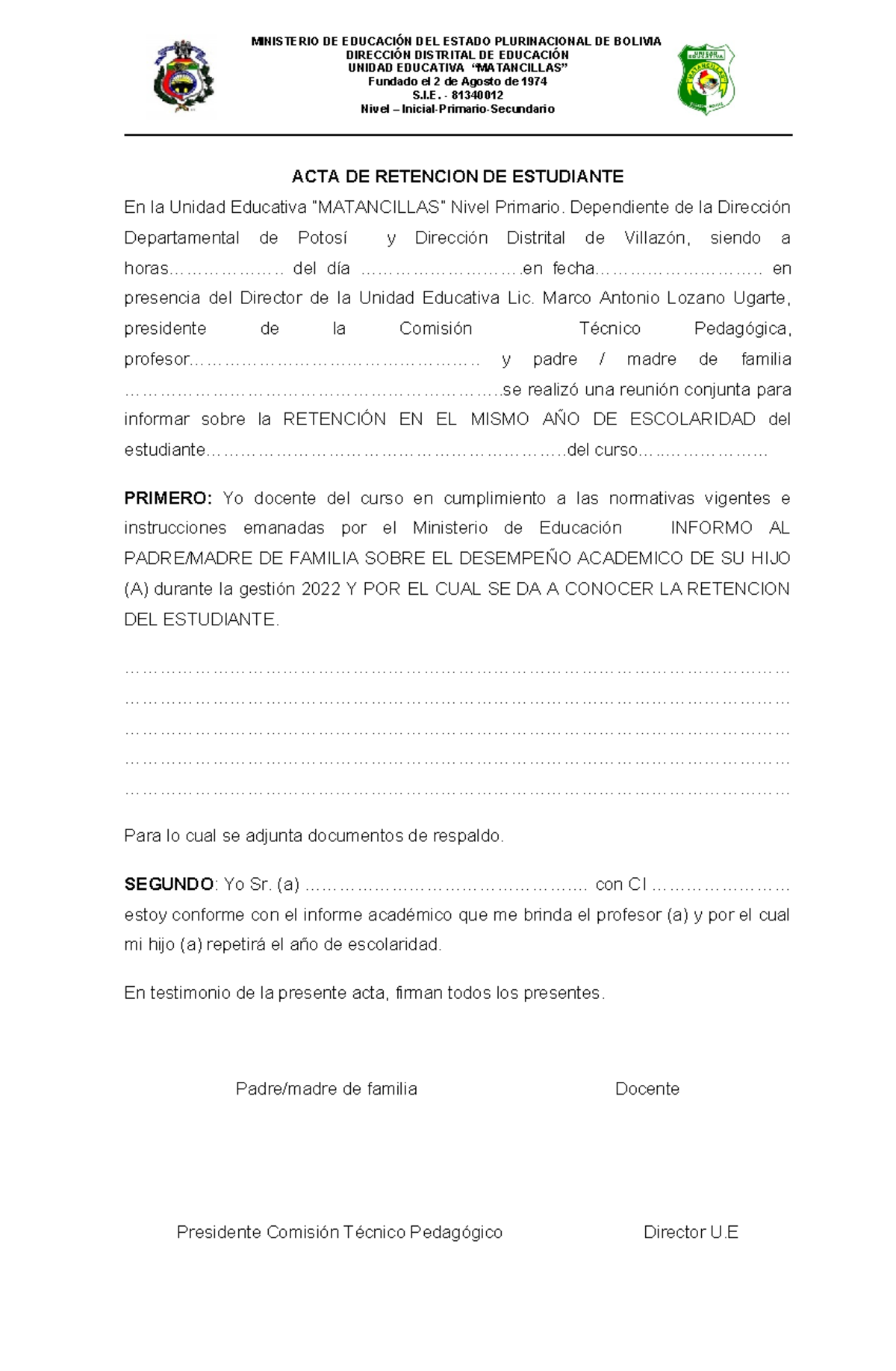 ACTA DE Reprobacion - MINISTERIO DE EDUCACIÓN DEL ESTADO PLURINACIONAL ...
