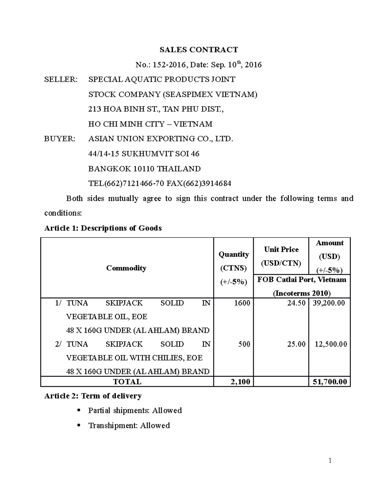 6-HOP DONG 152-2016 - gdfhh - SALES CONTRACT No.: 152-2016, Date: Sep ...