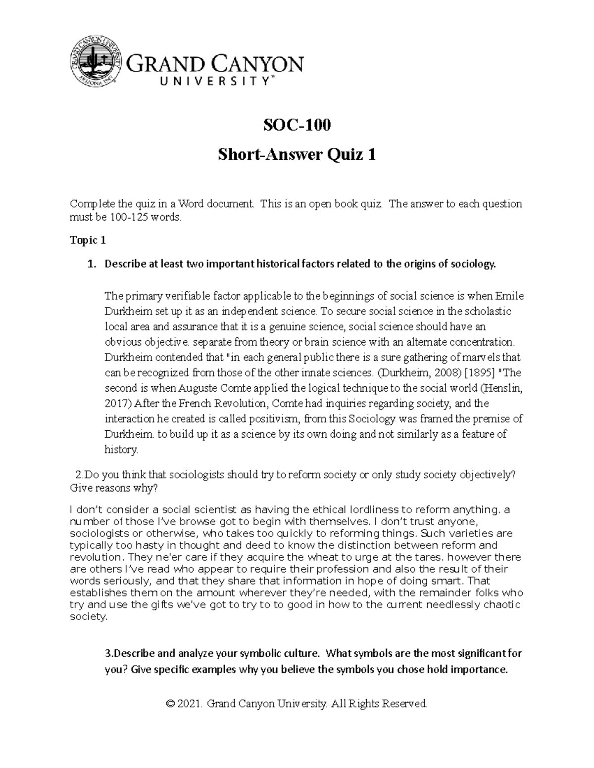 Week 1 quiz questions one through four - SOC-100 - GCU - Studocu