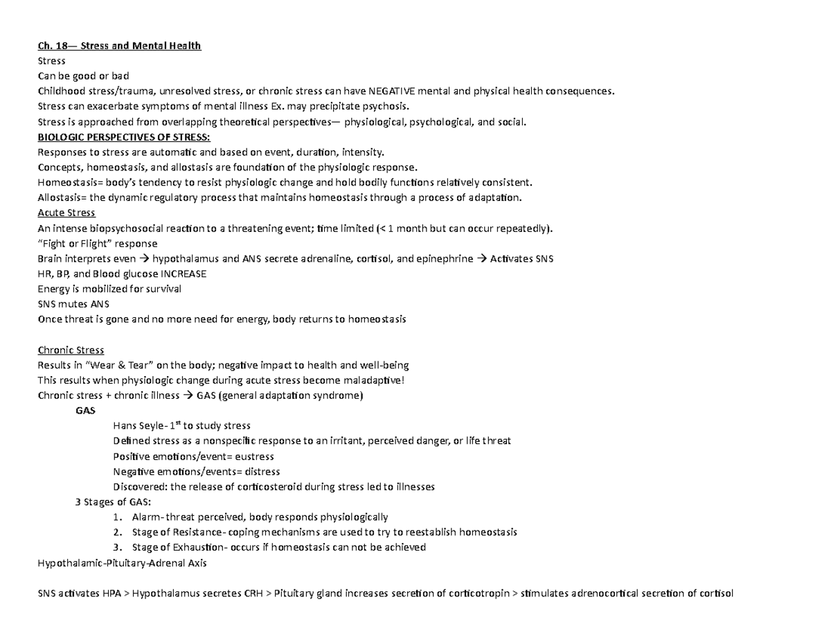 Chapter 18 - Grade: A - Ch. 18— Stress and Mental Health Stress Can be ...