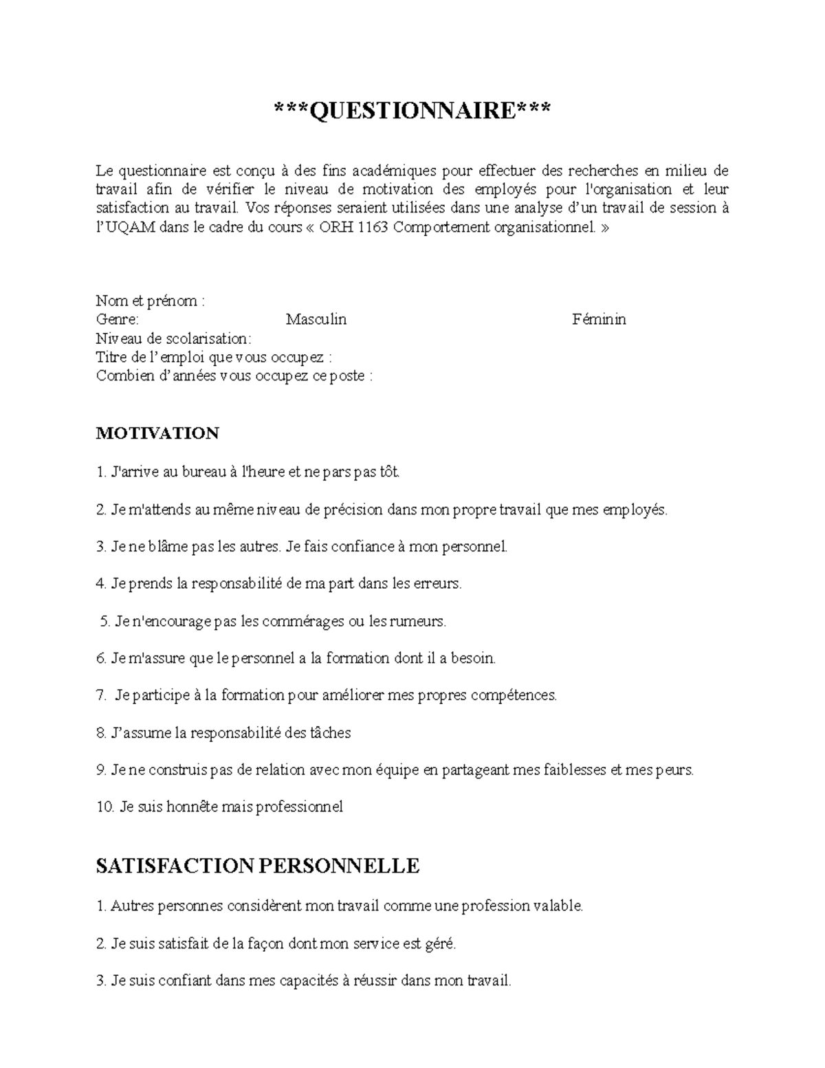 Questionnaire sur la motivation des employés - QUESTIONNAIRE Le ...