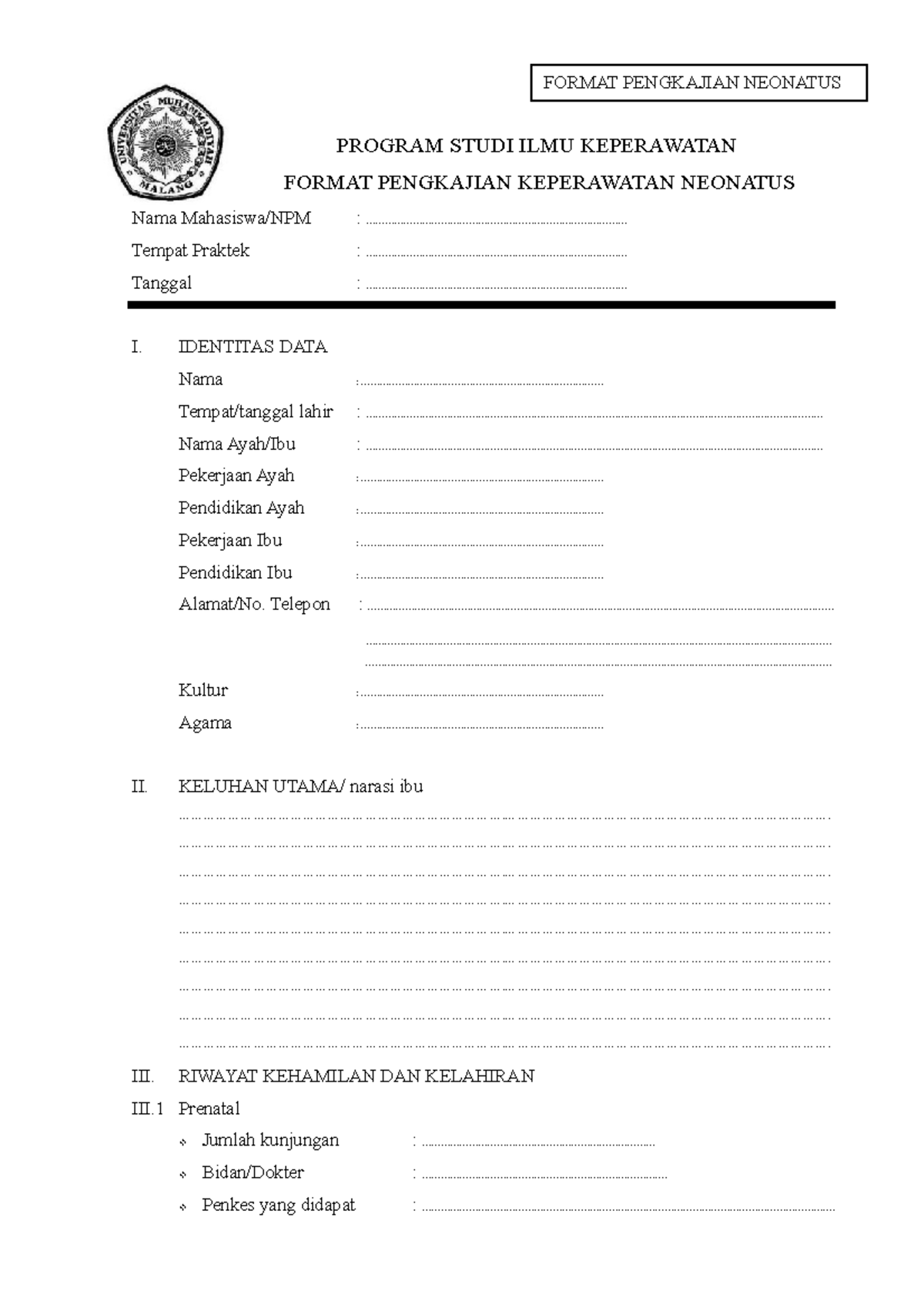 Format Pengkajian Neonatus - PROGRAM STUDI ILMU KEPERAWATAN FORMAT ...