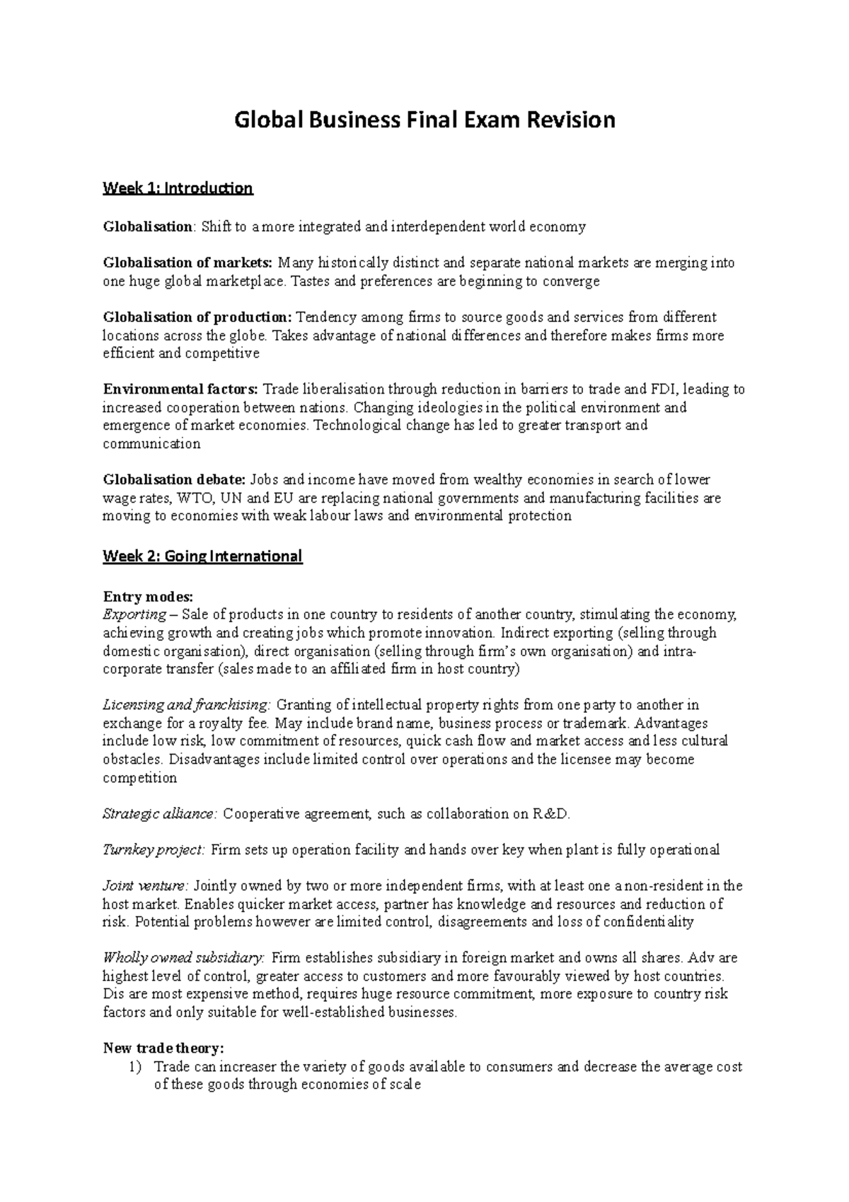 BSB119 Finalnotes - Global Business Final Exam Revision Week 1 ...