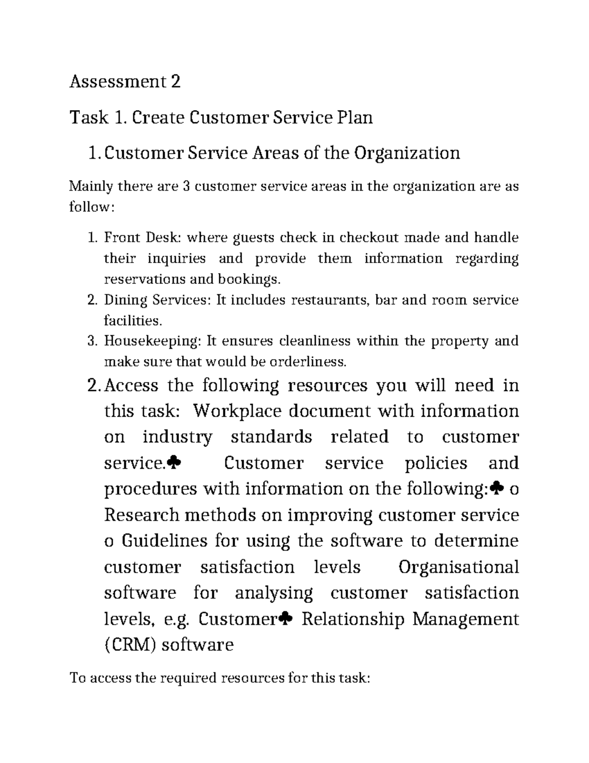 Assessment 2 mm - Assessment 2 Task 1. Create Customer Service Plan 1 ...