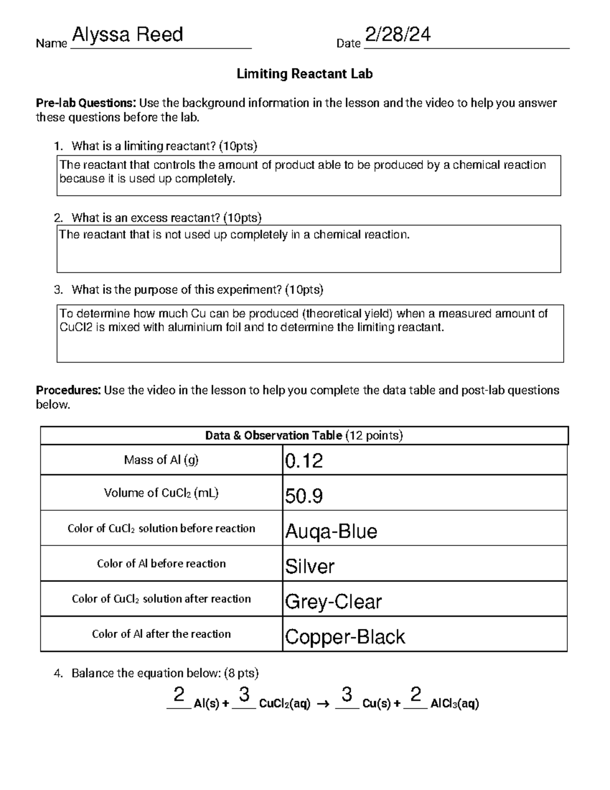 Limiting+Reactant+Lab - Name Date Limiting Reactant Lab Pre-lab ...