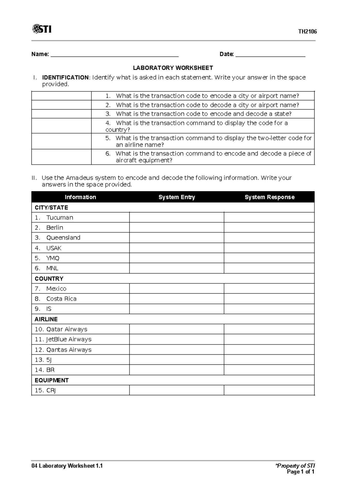 04 Laboratory Worksheet 1 TH Name Date LABORATORY WORKSHEET I