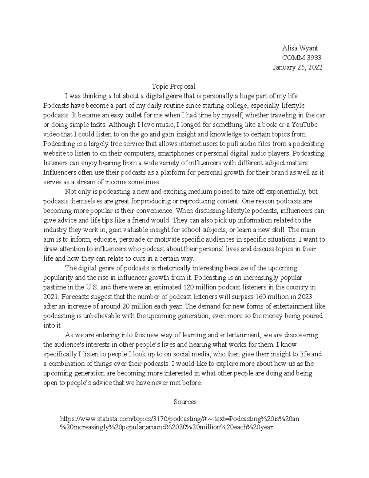 Topic Proposal - notes from class - Alisa Wyant COMM 3983 January 25 ...