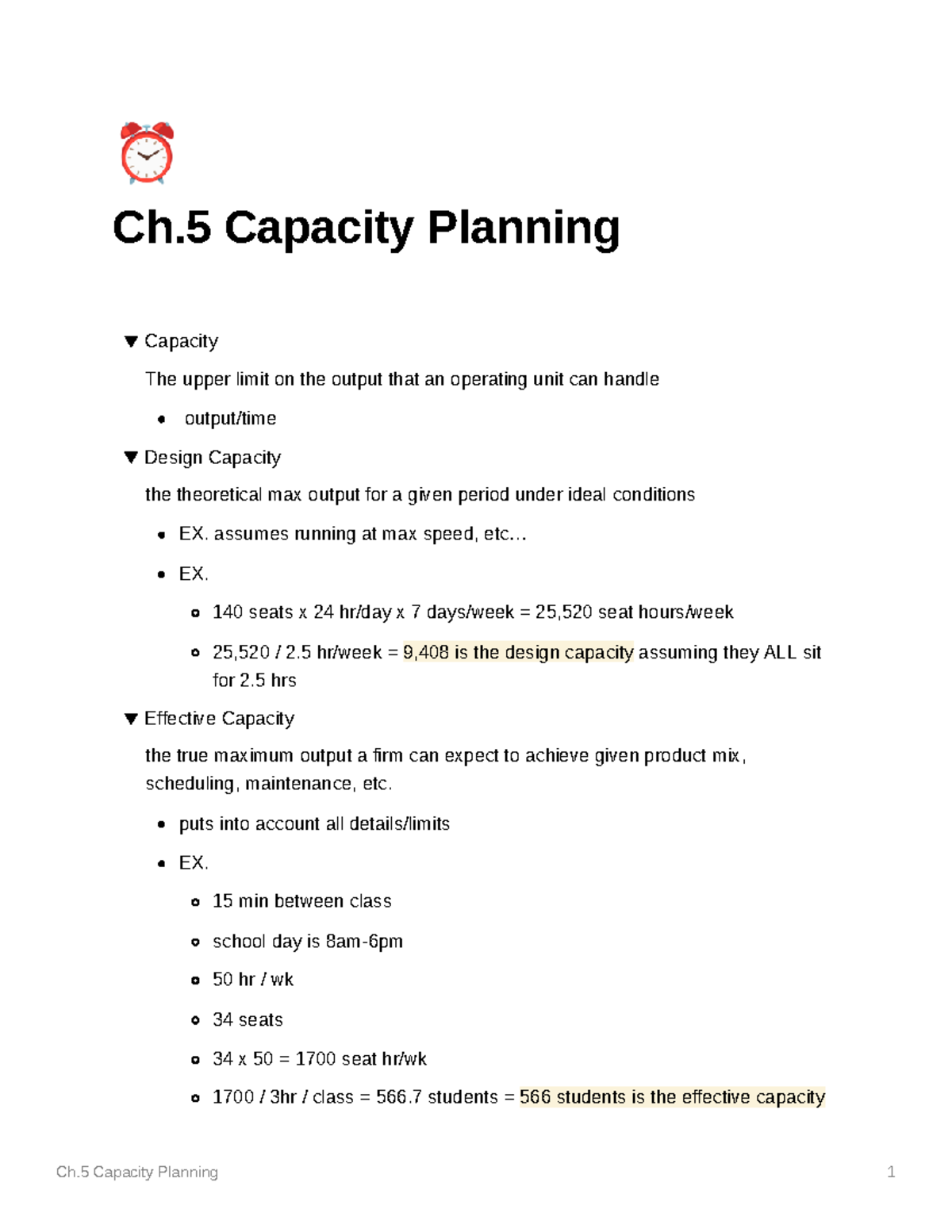 Ch.5 capacity planning - Copy - ⏰ Ch Capacity Planning Capacity The ...