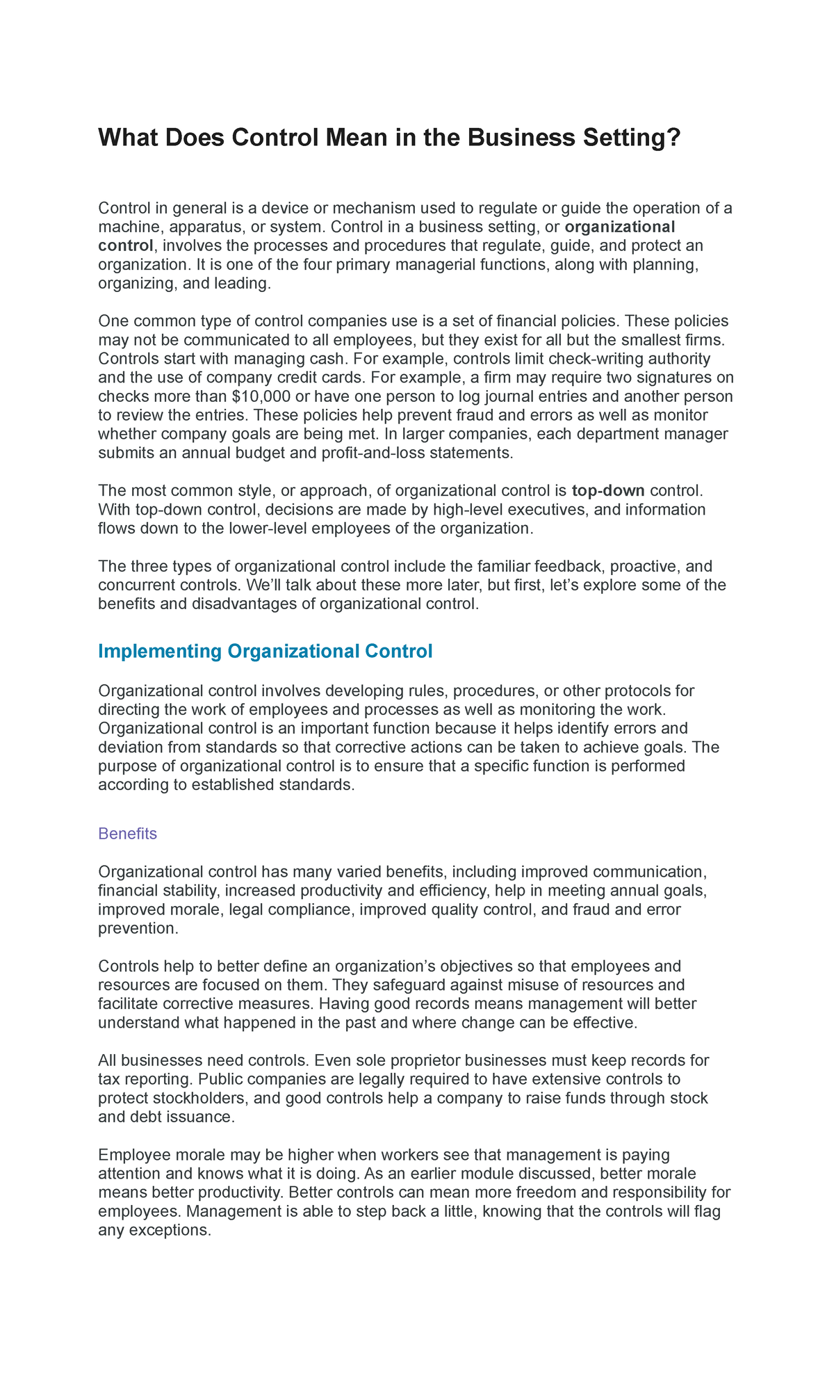 MANAGEMENT NOTES FOR BS AB STUDENTS What Does Control Mean in the